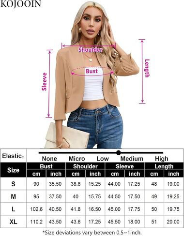 KOJOOIN Women's Casual Cropped Blazer 3/4 Sleeve Collarless Open Front Ruffle Work Office Cardigan Suit Jacket Shrug in Kuwait