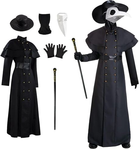 زي طبيب الطاعون كيناليو للجنسين، أزياء الهالوين مع قناع وقبعة طبيب الطاعون، عصا طبيب الطاعون in Kuwait