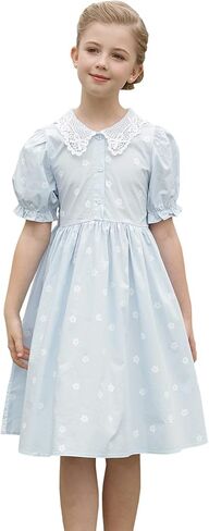 فستان SMILING PINKER للفتيات بياقة بيتر بان من الكروشيه مزهّر بأزرار وأكمام قصيرة للحفلات مع حزام من 3 إلى 10 سنوات in Kuwait