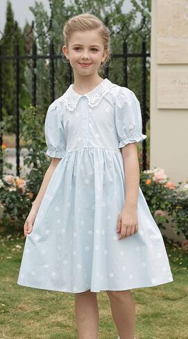 فستان SMILING PINKER للفتيات بياقة بيتر بان من الكروشيه مزهّر بأزرار وأكمام قصيرة للحفلات مع حزام من 3 إلى 10 سنوات in Kuwait