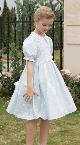 فستان SMILING PINKER للفتيات بياقة بيتر بان من الكروشيه مزهّر بأزرار وأكمام قصيرة للحفلات مع حزام من 3 إلى 10 سنوات in Kuwait