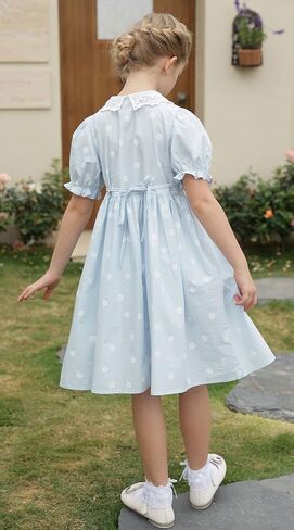 فستان SMILING PINKER للفتيات بياقة بيتر بان من الكروشيه مزهّر بأزرار وأكمام قصيرة للحفلات مع حزام من 3 إلى 10 سنوات in Kuwait