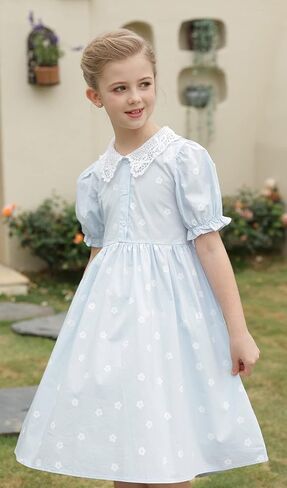 فستان SMILING PINKER للفتيات بياقة بيتر بان من الكروشيه مزهّر بأزرار وأكمام قصيرة للحفلات مع حزام من 3 إلى 10 سنوات in Kuwait