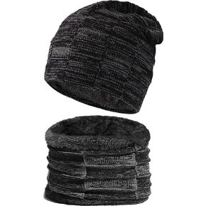IYEBRAO 2 Pieces Mens Winter Beanie Hats Scarf Set Warm Knit Hat Fleece Lined Winter Ski Hat Neck Warmer Skull Cap for Men