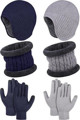 Apoway 6 Pieces Winter Warm Set Knitted Beanie Hat Scarf Touch Screen Gloves Earflap Neck Warmer Winter Gifts for Men Women in Kuwait