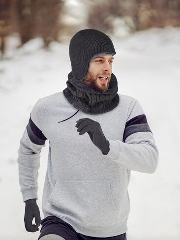 Apoway 6 Pieces Winter Warm Set Knitted Beanie Hat Scarf Touch Screen Gloves Earflap Neck Warmer Winter Gifts for Men Women in Kuwait