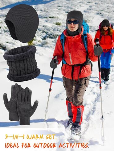 Apoway 6 Pieces Winter Warm Set Knitted Beanie Hat Scarf Touch Screen Gloves Earflap Neck Warmer Winter Gifts for Men Women in Kuwait