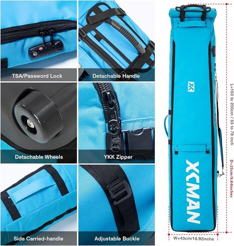 حقيبة التزلج على الجليد المبطنة من XCMAN مع عجلات وقفل، رحلات برية وطائرة جوية بطول قابل للتعديل من 63 إلى 78 بوصة in Kuwait