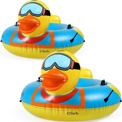 Syhood 2 Pcs Winter Snow Tube 37 Inch 47 Inch Inflatable Duck Print Heavy Duty Thickened Bottom Sturdy Handles Cold Resistant PVC Snow Tube Sled for Sledding Kid Adult Skiing Winter Outdoor Fun in Saudi Arabia