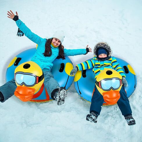 Syhood 2 Pcs Winter Snow Tube 37 Inch 47 Inch Inflatable Duck Print Heavy Duty Thickened Bottom Sturdy Handles Cold Resistant PVC Snow Tube Sled for Sledding Kid Adult Skiing Winter Outdoor Fun in Saudi Arabia