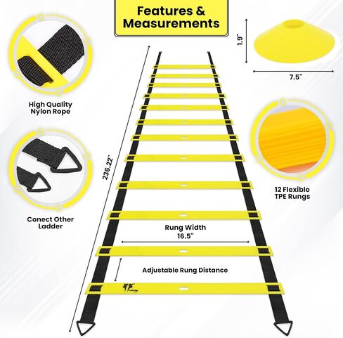 LYKAN FIT 20ft Agility Ladder Soccer Training Equipment, Easy to Fold Football Footwork Training Exercise Ladder for Workout (Agility Training Equipment, Lykan Pro - Yellow) in Saudi Arabia