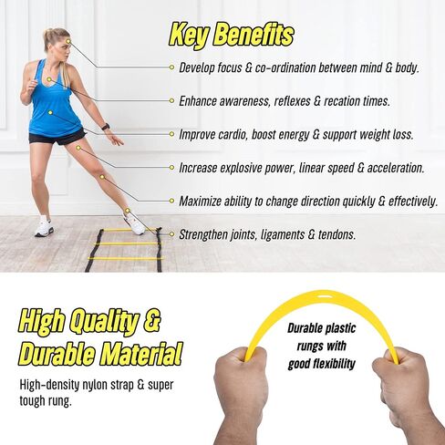 LYKAN FIT 20ft Agility Ladder Soccer Training Equipment, Easy to Fold Football Footwork Training Exercise Ladder for Workout (Agility Training Equipment, Lykan Pro - Yellow) in Saudi Arabia
