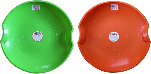 Paricon Flexible Flyer Round Flying Saucer Disc Racer Polyethylene Snow Sled Toboggan, for Ages 4 & Up, 26" Diameter, Green/Orange (2 Pack) in Kuwait