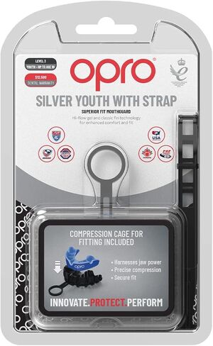 واقي الفم ذو المستوى الفضي من OPRO + حزام، واقي الفم الرياضي للبالغين والشباب، يتميز بتقنية ملائمة ثورية لكرة القدم الأمريكية، لاكروس، الهوكي، الرياضات القتالية (أسود، شبابي) in Kuwait