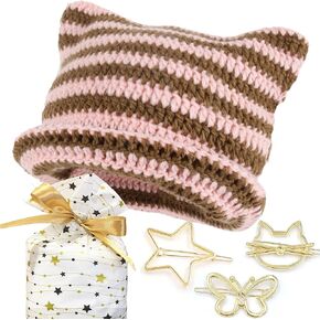 Cat Beanie, Cat Ear Beanie, Slouchy Beanies for Women, Gothic Handmade Crochet Knitted Hat Skull Cap & 3pcs Star Hair Clip