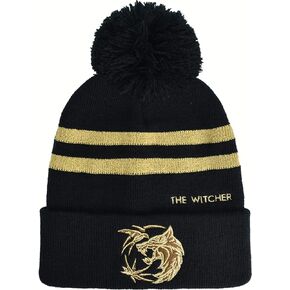 Concept One Netflix The Witcher Acrylic Knitted Cuff Beanie Hat with Gold Logo and Pom Pom, Black, One Size in Kuwait