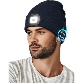 Bluetooth Beanie with Light, Unisex USB Rechargeable 4 LED Headlamp Hat with Wireless Headphones, Unique Christmas Birthday Gifts for Men Him Husband Teen (Black)