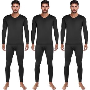 Patelai 3 Set Men Thermal Underwear Set Winter Warm Base Layers V Neck Fleece Thermal Top and Bottom Set for Cold Weather