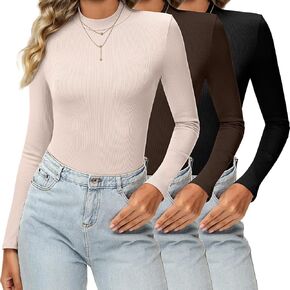 Riyiper 3 Pcs Women's Mock Turtlenecks Shirts, Long Sleeve Slim Fitted Tops Stretch Basic Lightweight Bustier Pullover Tee