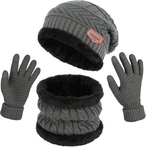 قبعة شتوية محبوكة ووشاح وقفازات فضفاضة قبعة صغيرة على شكل جمجمة قفازات لشاشات اللمس للنساء in Kuwait