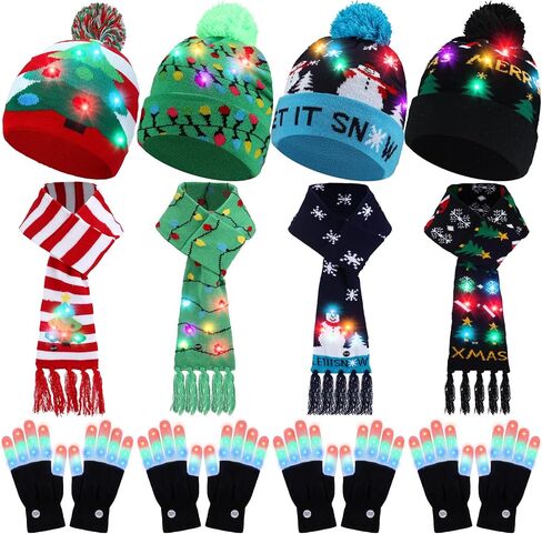 Ramede 12 Pcs LED Light up Christmas Hat Set Xmas Light up Beanie and Scarf Gloves Set for Christmas Holiday Party in Saudi Arabia