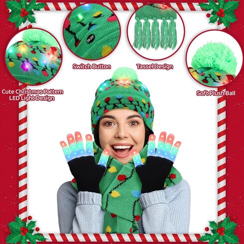 Ramede 12 Pcs LED Light up Christmas Hat Set Xmas Light up Beanie and Scarf Gloves Set for Christmas Holiday Party in Saudi Arabia
