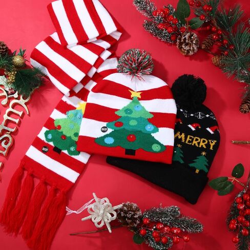 Ramede 12 Pcs LED Light up Christmas Hat Set Xmas Light up Beanie and Scarf Gloves Set for Christmas Holiday Party in Saudi Arabia