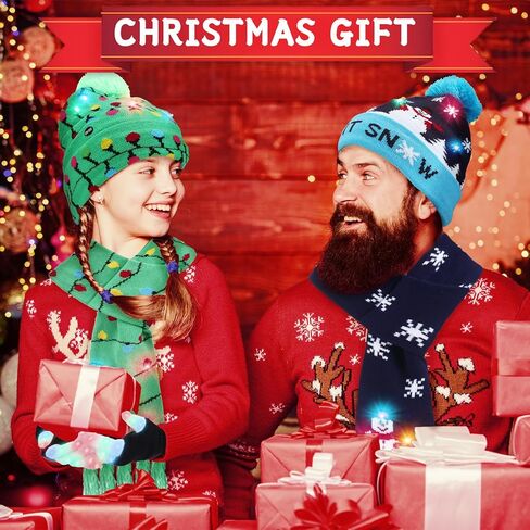 Ramede 12 Pcs LED Light up Christmas Hat Set Xmas Light up Beanie and Scarf Gloves Set for Christmas Holiday Party in Saudi Arabia