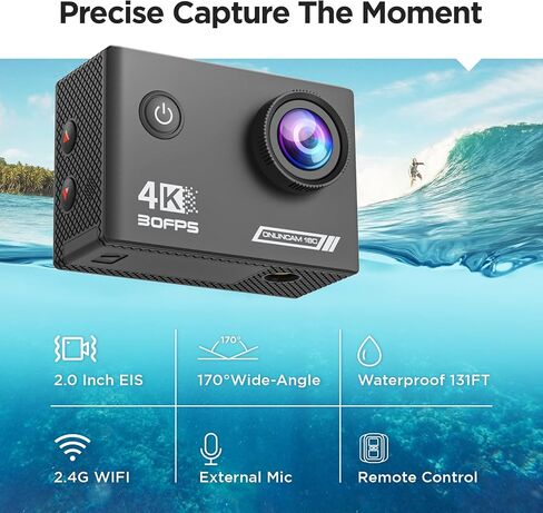4K 30fps Action Camera - 131ft/40m Waterproof Underwater Camera EIS, WiFi Camera 170°Angle Sports Camera,HD 20MP Bike Camera with 2.4G Remote Control 2 Batteries & Helmet Accessories Kit in Kuwait