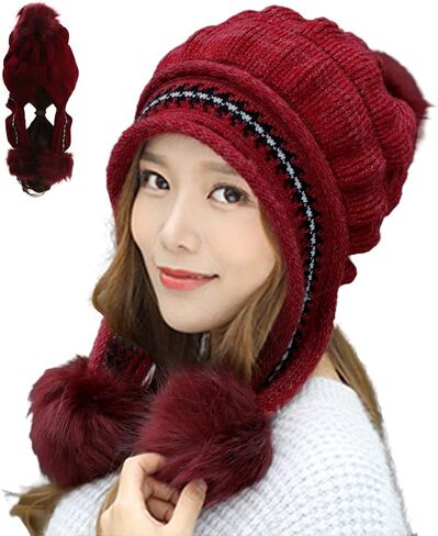 ZffXH الصوف اصطف مخطط بيرو متماسكة قبعة لابلاندر الجمجمة قبعات صغيرة الأذن اللوحات الصوف الدافئة الكريات in Kuwait