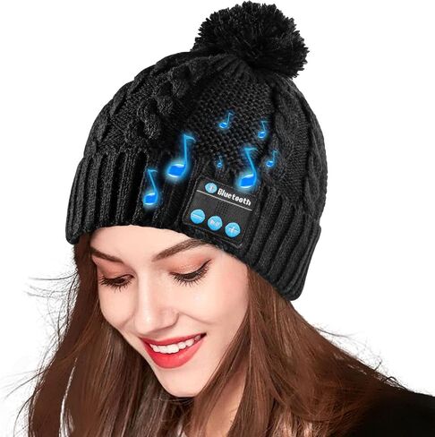 Bluetooth Beanie hat, Gifts for Women Men, Pom Music hat with Wireless Headphones Christmas Stocking Stuffers Birthday Black in Saudi Arabia