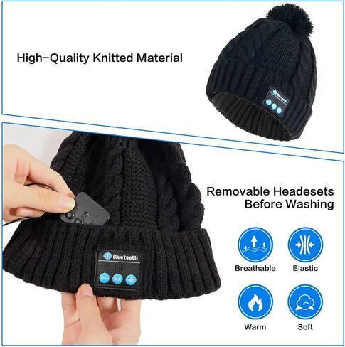 Bluetooth Beanie hat, Gifts for Women Men, Pom Music hat with Wireless Headphones Christmas Stocking Stuffers Birthday Black in Saudi Arabia