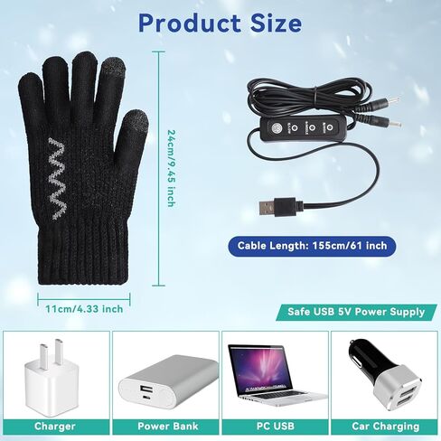 WIOR USB Heated Gloves, Unisex Hand Warmers Full Finger Knit Touchscreen Gloves Double-Sided Heating Mittens with 3 Temperature Levels, Winter Warm Laptop Thermal Gloves for Women Men Indoor Outdoor in Kuwait
