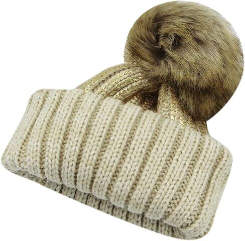 JUMISEE Women Girls Shiny Metallic Knit Beanie Hat Slouchy Winter Skull Cap with Faux Fur Pompom in Kuwait
