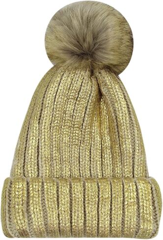 JUMISEE Women Girls Shiny Metallic Knit Beanie Hat Slouchy Winter Skull Cap with Faux Fur Pompom in Kuwait