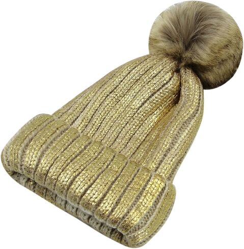 JUMISEE Women Girls Shiny Metallic Knit Beanie Hat Slouchy Winter Skull Cap with Faux Fur Pompom in Kuwait