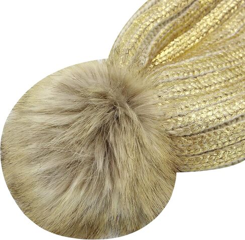 JUMISEE Women Girls Shiny Metallic Knit Beanie Hat Slouchy Winter Skull Cap with Faux Fur Pompom in Kuwait