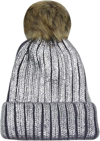 JUMISEE Women Girls Shiny Metallic Knit Beanie Hat Slouchy Winter Skull Cap with Faux Fur Pompom in Kuwait