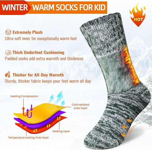 Kids Warm Thermal Socks for Toddler Boy Girls Winter Ski Thick Insulated Heated Boot Socks for Extreme Cold Weather 4 Pairs in Kuwait