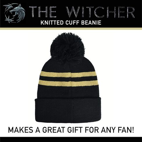 Concept One Netflix The Witcher Acrylic Knitted Cuff Beanie Hat with Gold Logo and Pom Pom, Black, One Size in Kuwait