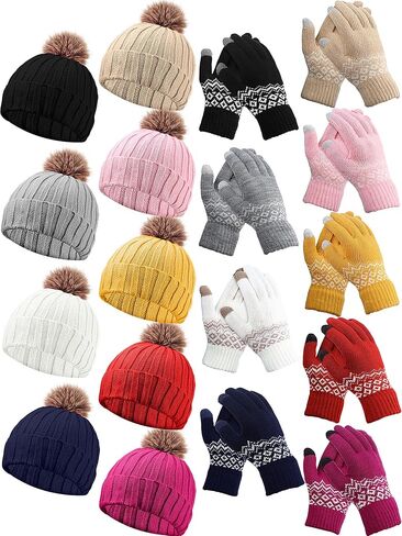 Suhine 18 Pcs Women Beanie Hats and Warm Winter Gloves Set 9 Pcs Soft Knitted Winter Hat Knit Skull Cap with Faux Fur Pompom and 9 Pairs Touch Screen Gloves for Women Young Girls in Saudi Arabia