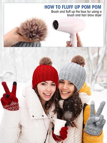 Suhine 18 Pcs Women Beanie Hats and Warm Winter Gloves Set 9 Pcs Soft Knitted Winter Hat Knit Skull Cap with Faux Fur Pompom and 9 Pairs Touch Screen Gloves for Women Young Girls in Saudi Arabia