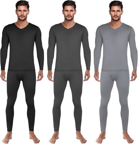 Patelai 3 Set Men Thermal Underwear Set Winter Warm Base Layers V Neck Fleece Thermal Top and Bottom Set for Cold Weather in Saudi Arabia