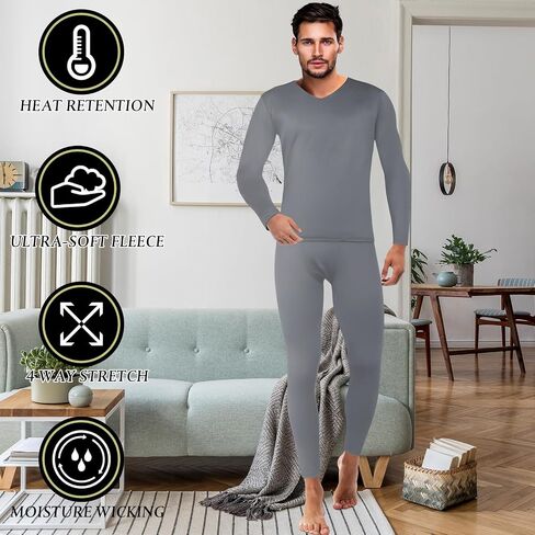 Patelai 3 Set Men Thermal Underwear Set Winter Warm Base Layers V Neck Fleece Thermal Top and Bottom Set for Cold Weather in Saudi Arabia