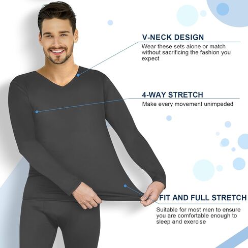 Patelai 3 Set Men Thermal Underwear Set Winter Warm Base Layers V Neck Fleece Thermal Top and Bottom Set for Cold Weather in Saudi Arabia