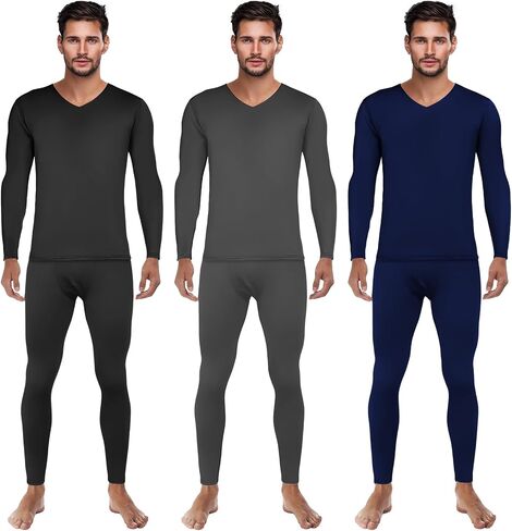 Patelai 3 Set Men Thermal Underwear Set Winter Warm Base Layers V Neck Fleece Thermal Top and Bottom Set for Cold Weather in Saudi Arabia