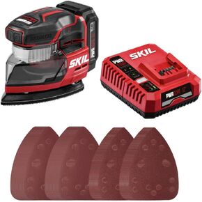 SKIL PWR CORE 12 Brushless 12V Compact Detail Sander Kit with Up to 12,000 OPM Includes 40pc Sandpaper(80/120/180/240 grits), Dust Box, 2.0Ah Battery and Charger - SR6608A-10,Red in Kuwait