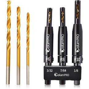 ColumPRO 3 قطع HSS المفصلي الذاتي توسيط الحفر VIX بت مجموعة، التيتانيوم تصفيح كونترسينك اليد اليسرى مجموعة لقم الحفر، باب نافذة خزانة النجارة الطيار ثقب مثقاب 3/32 "(#6)، 7/64"(#8)، 1/8" (#10) in Kuwait