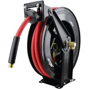 Milton 2780-50D - Steel Dual Arm Auto-Retractable Air Hose Reel, 1/2" x 50 ft. Rubber Hose - 300 Max PSI & (S-224) G-Style Coupler, Plug and Air hose Reducer Bushing Kit – 5 Pieces