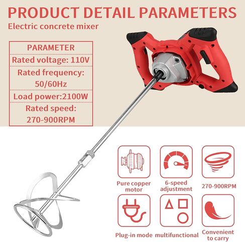 خلاط أسمنت FXTNKYY بقوة 2100 وات، خلاط خرسانة محمول للحفر، مع 6 سرعات قابلة للتعديل، خلاط أسمنت كهربائي محمول لخلط الطين والملاط والجص والأسمنت والطلاء والأعلاف in Kuwait